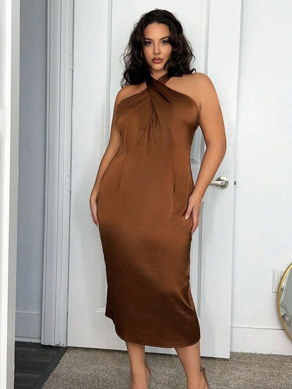 Ava & Viv Brown Twist Halter Satin Midi Dress